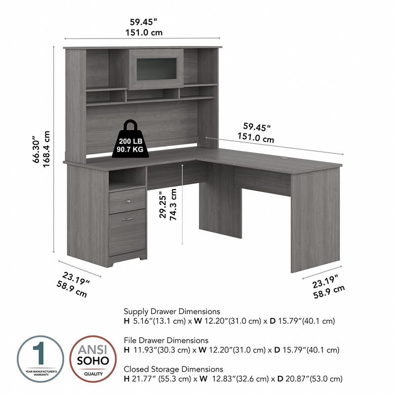 Pemberly Row Engineered Wood 60W L Shaped Desk with Hutch and Drawers - Gray