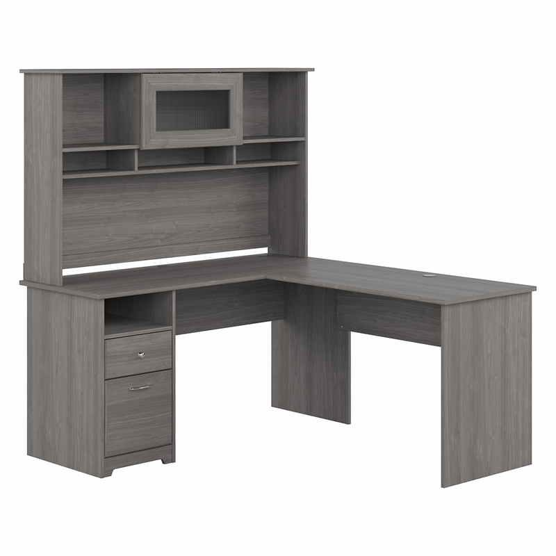 Pemberly Row Engineered Wood 60W L Shaped Desk with Hutch and Drawers - Gray