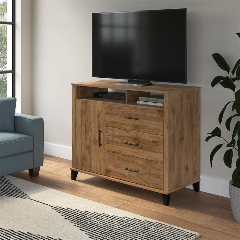 Pemberly Row Tall TV Stand with Storage in Fresh Walnut - Engineered Wood