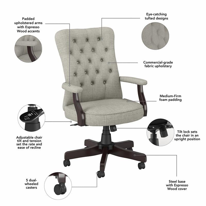 Pemberly Row High Back Fabric Office Chair with Arms in Light Gray