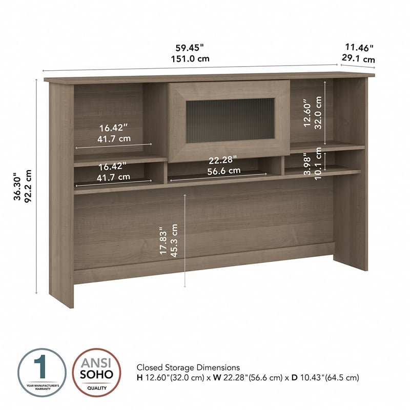 Pemberly Row Contemporary 60W Hutch in Ash Gray - Engineered Wood