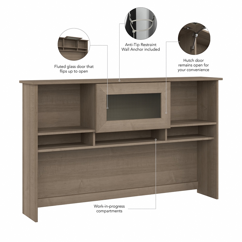 Pemberly Row Contemporary 60W Hutch in Ash Gray - Engineered Wood
