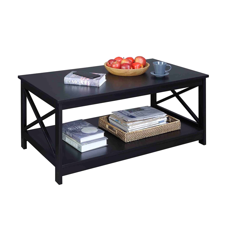 Pemberly Row Modern Coffee Table with Shelf in Black Wood Finish