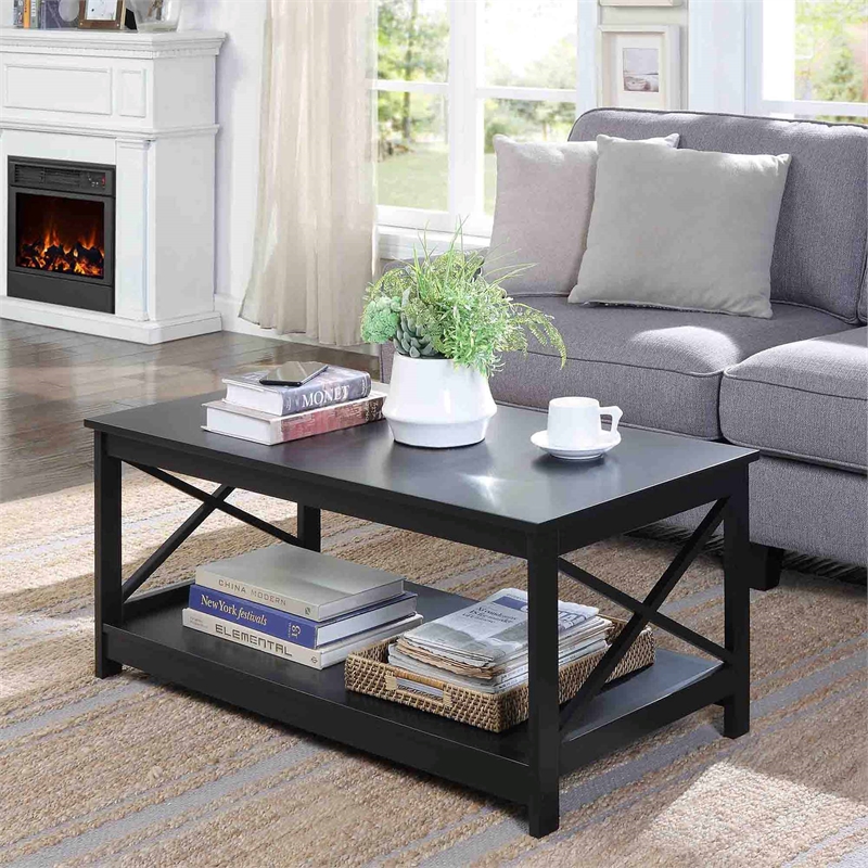 Pemberly Row Modern Coffee Table with Shelf in Black Wood Finish
