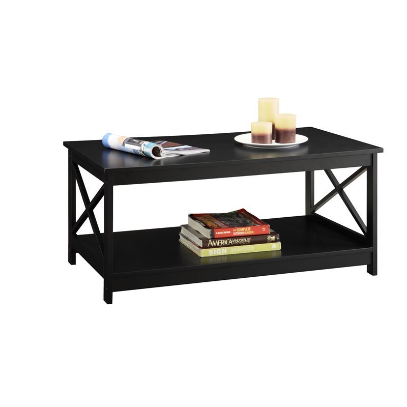 Pemberly Row Modern Coffee Table with Shelf in Black Wood Finish