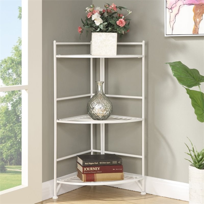 Pemberly Row Modern Corner Plant Stand in White Metal Frame Finish
