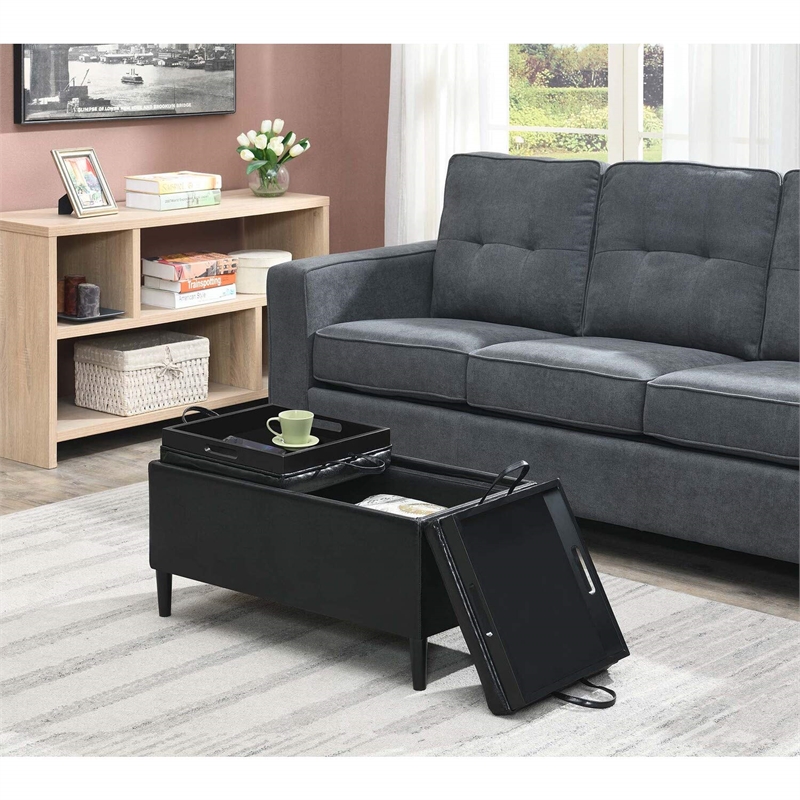 Pemberly Row Modern Storage Ottoman with Trays in Blue Fabric