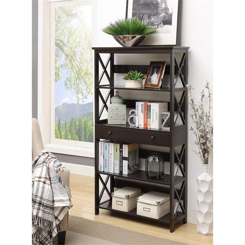 Pemberly Row 5 Tier Bookcase with Drawer in Black Wood Finish