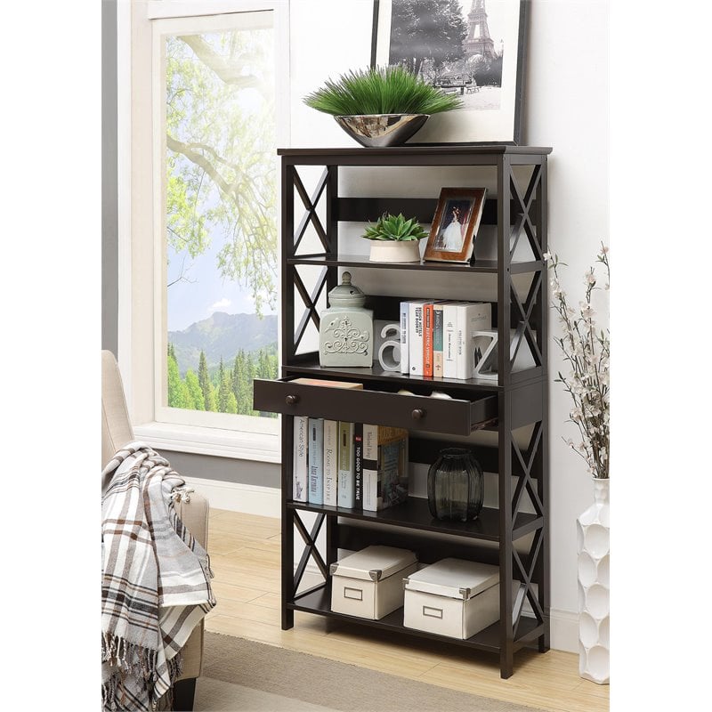 Pemberly Row 5 Tier Bookcase with Drawer in Black Wood Finish