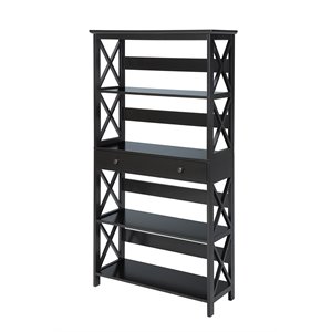 Pemberly Row 5 Tier Bookcase with Drawer in Black Wood Finish