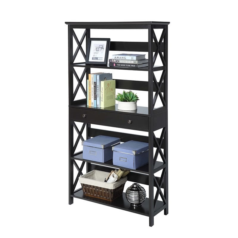 Pemberly Row 5 Tier Bookcase with Drawer in Black Wood Finish