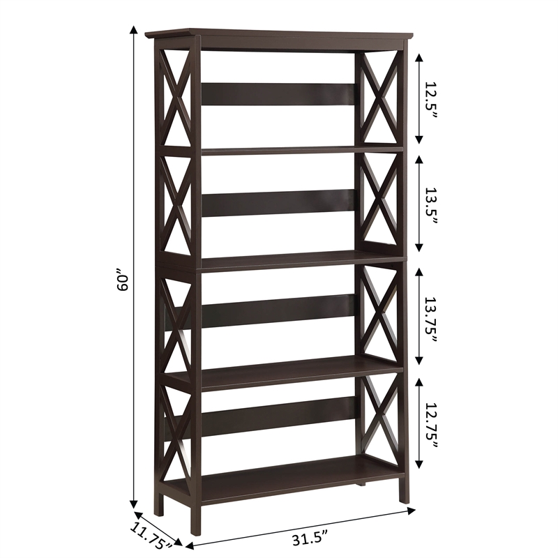 Pemberly Row Modern Five-Tier Bookcase in Espresso Wood Finish