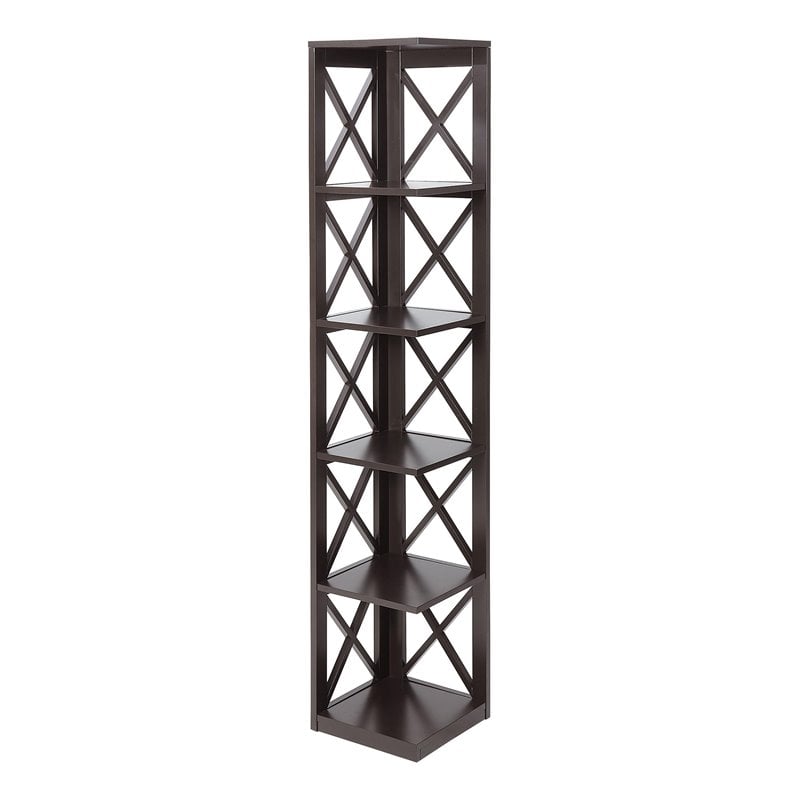 Pemberly Row Five-Tier Corner Bookcase in Espresso Wood Finish