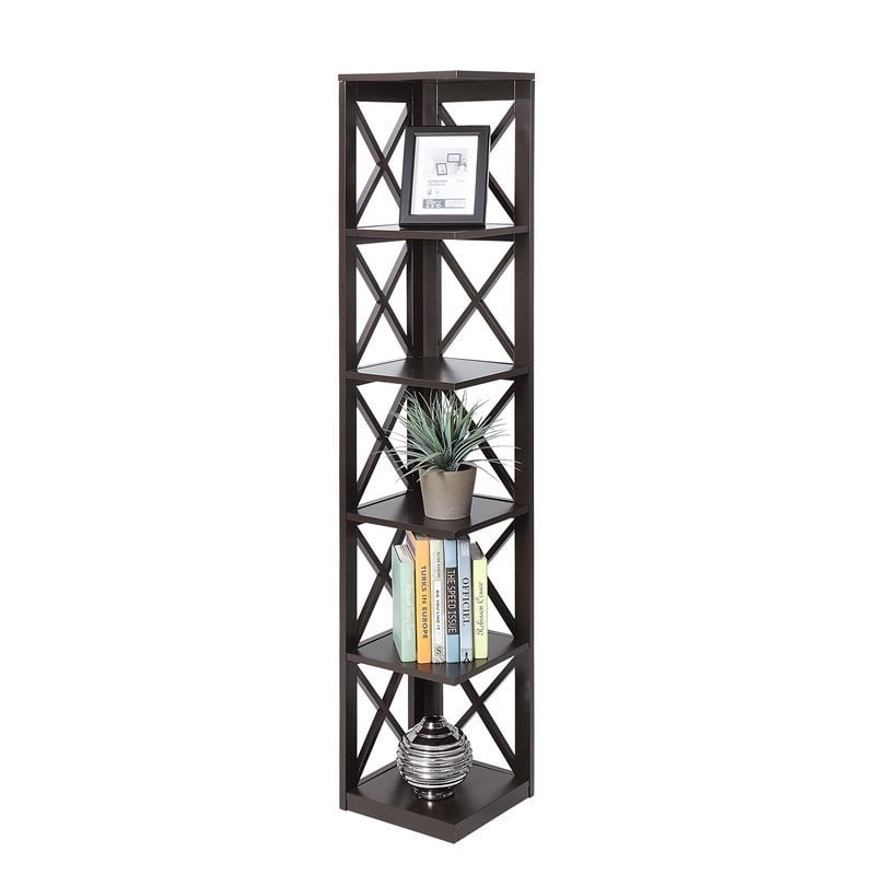 Pemberly Row Five-Tier Corner Bookcase in Espresso Wood Finish