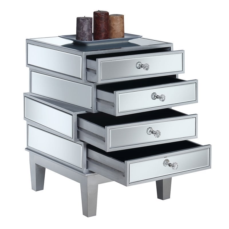 Pemberly Row End Table in Mirrored Glass and Silver Wood Finish