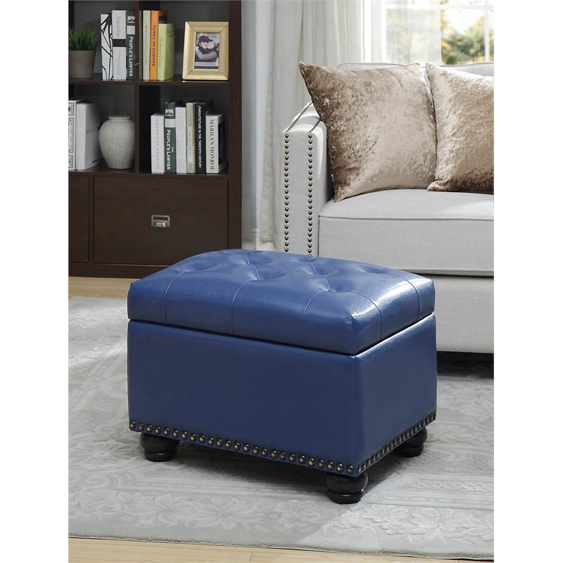 Pemberly Row Modern Storage Ottoman in Blue Faux Leather Fabric