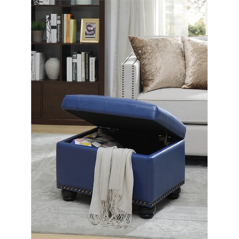 Pemberly Row Modern Storage Ottoman in Blue Faux Leather Fabric