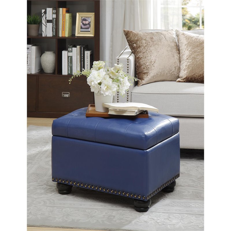 Pemberly Row Modern Storage Ottoman in Blue Faux Leather Fabric