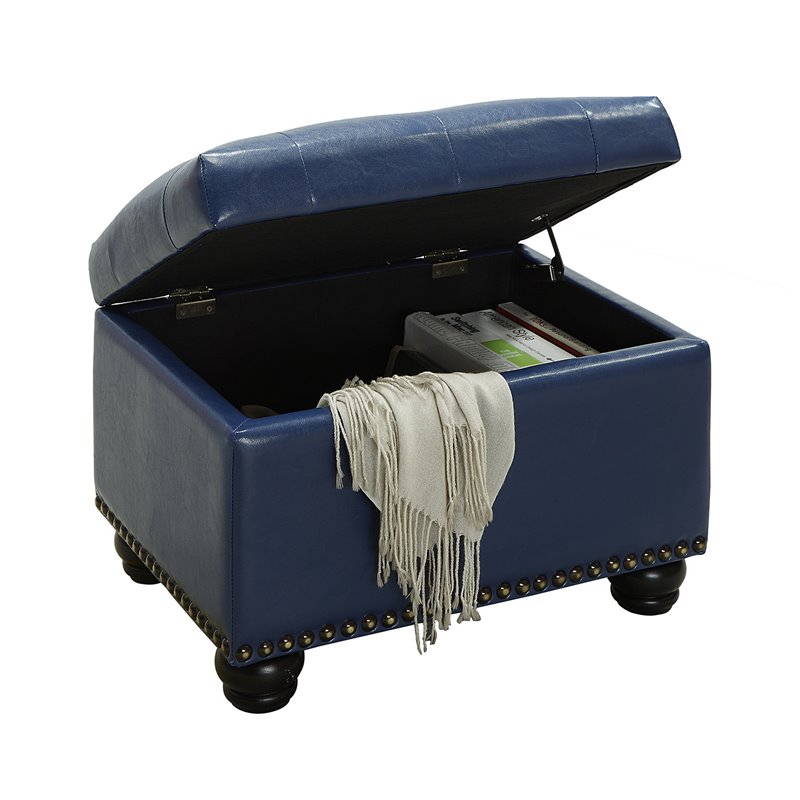 Pemberly Row Modern Storage Ottoman in Blue Faux Leather Fabric