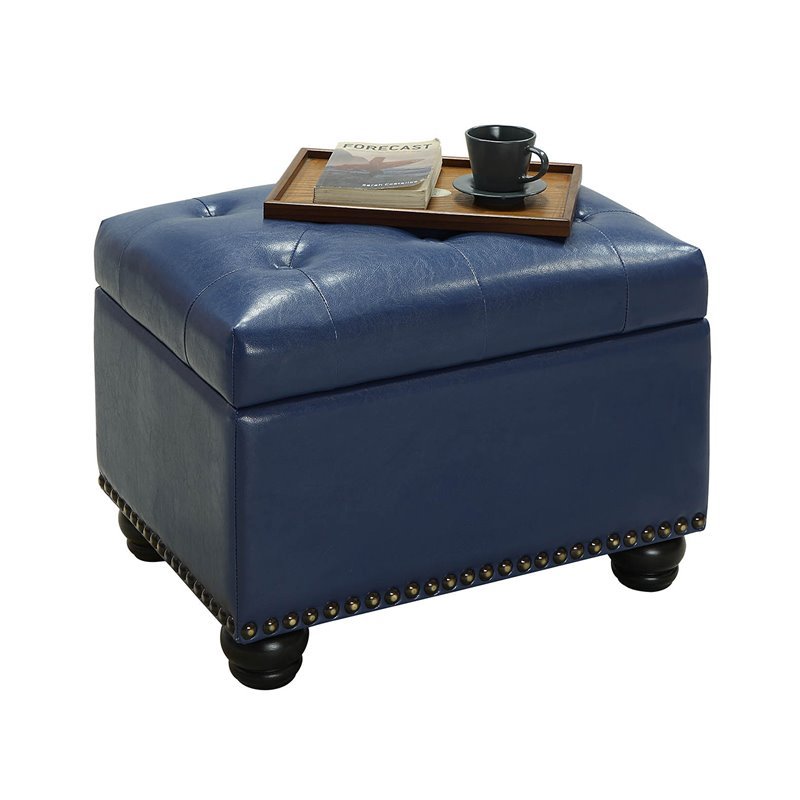 Pemberly Row Modern Storage Ottoman in Blue Faux Leather Fabric