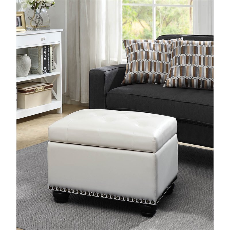 Pemberly Row Storage Ottoman in Ivory White Faux Leather Fabric