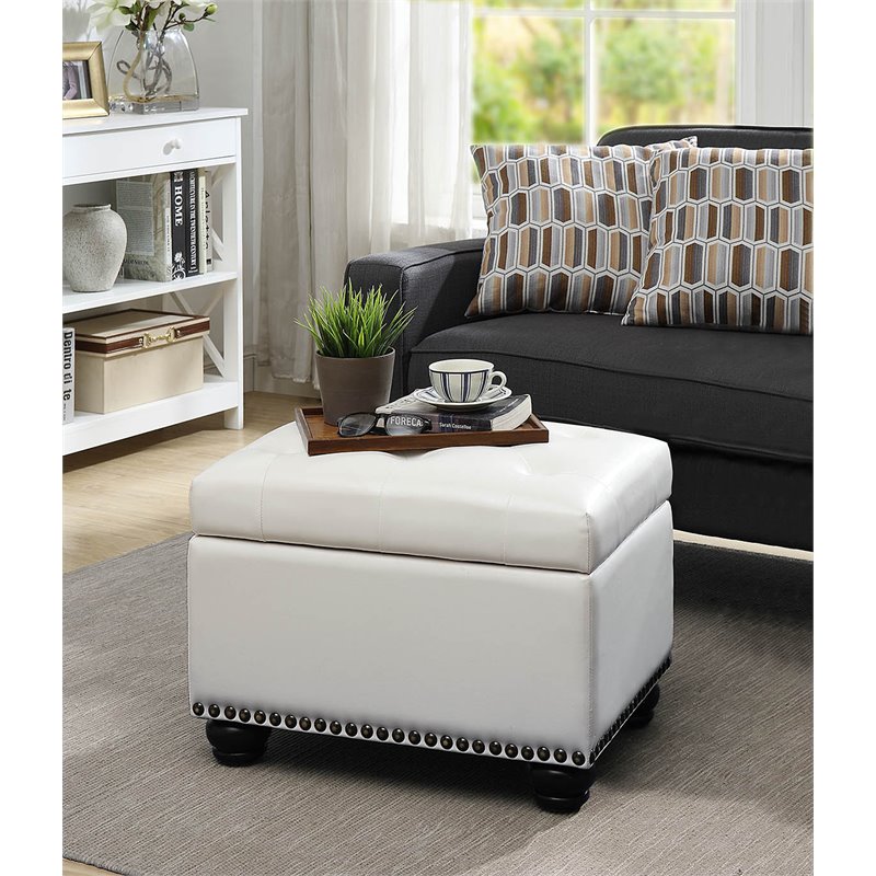 Pemberly Row Storage Ottoman in Ivory White Faux Leather Fabric