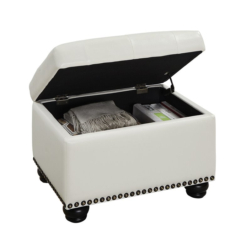 Pemberly Row Storage Ottoman in Ivory White Faux Leather Fabric