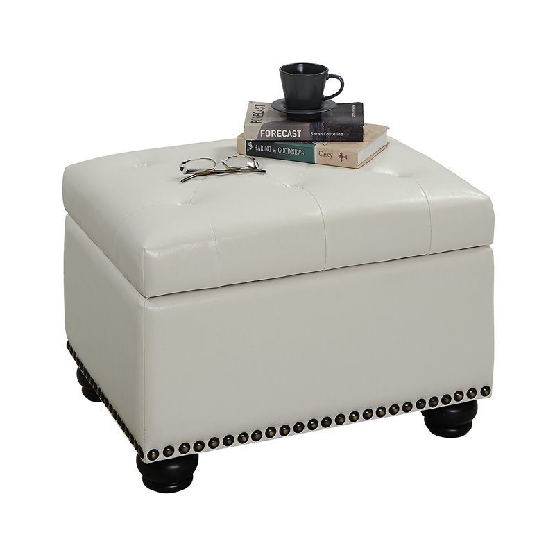 Pemberly Row Storage Ottoman in Ivory White Faux Leather Fabric