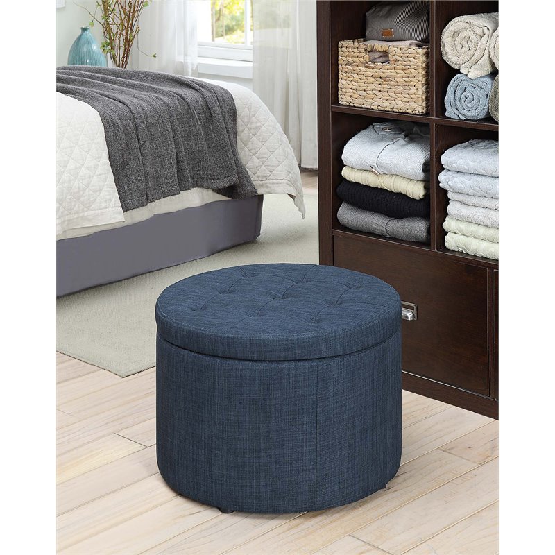 Pemberly Row Modern / Contemporary Round Shoe Ottoman in Blue Fabric