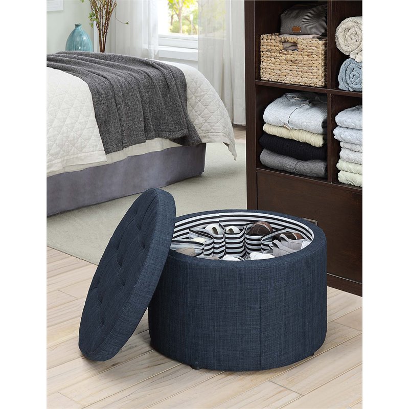 Pemberly Row Modern / Contemporary Round Shoe Ottoman in Blue Fabric