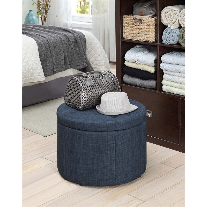 Pemberly Row Modern / Contemporary Round Shoe Ottoman in Blue Fabric