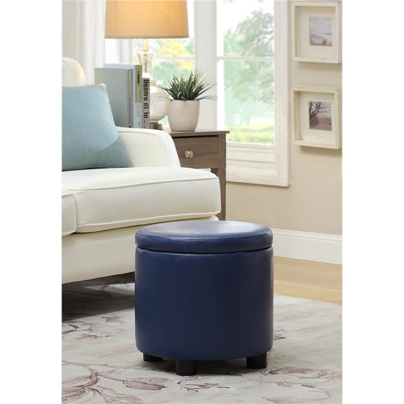 Pemberly Row Round Accent Storage Ottoman in Blue Faux Leather Fabric