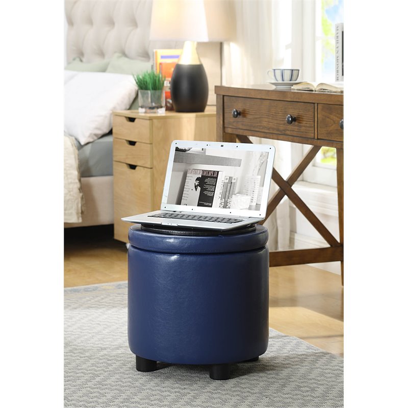 Pemberly Row Round Accent Storage Ottoman in Blue Faux Leather Fabric