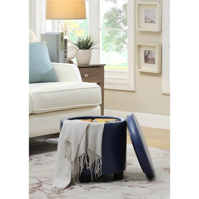 Pemberly Row Round Accent Storage Ottoman in Blue Faux Leather Fabric