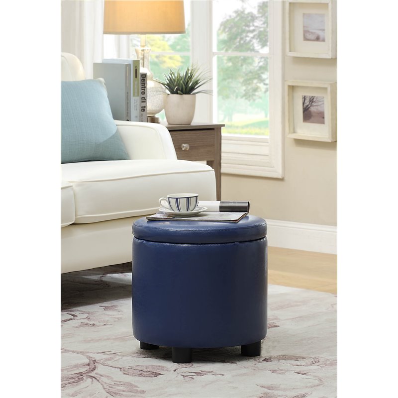 Pemberly Row Round Accent Storage Ottoman in Blue Faux Leather Fabric