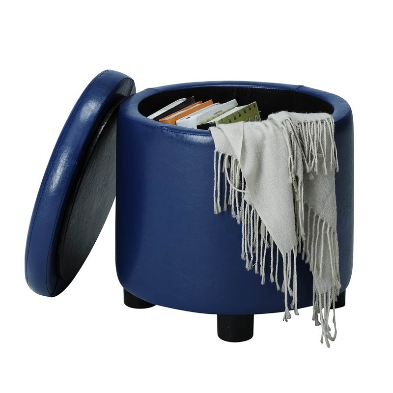 Pemberly Row Round Accent Storage Ottoman in Blue Faux Leather Fabric