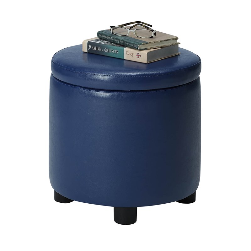 Pemberly Row Round Accent Storage Ottoman in Blue Faux Leather Fabric