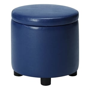 Pemberly Row Round Accent Storage Ottoman in Blue Faux Leather Fabric
