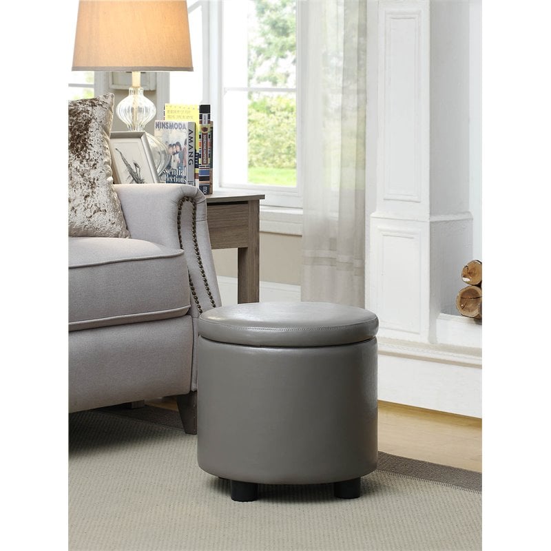 Pemberly Row Round Accent Storage Ottoman in Gray Faux Leather Fabric