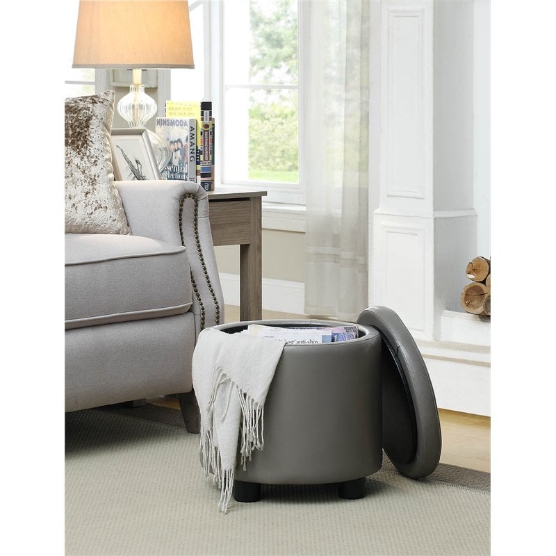 Pemberly Row Round Accent Storage Ottoman in Gray Faux Leather Fabric