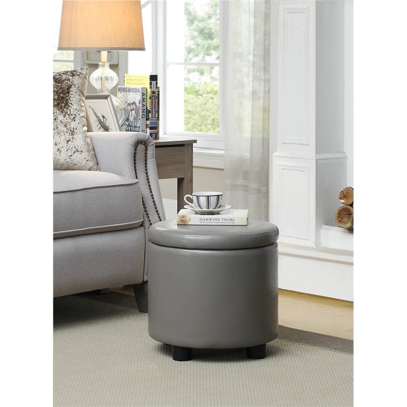 Pemberly Row Round Accent Storage Ottoman in Gray Faux Leather Fabric
