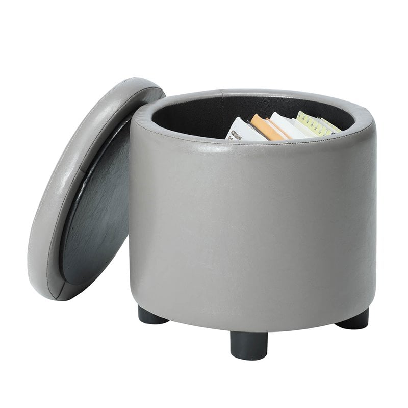 Pemberly Row Round Accent Storage Ottoman in Gray Faux Leather Fabric