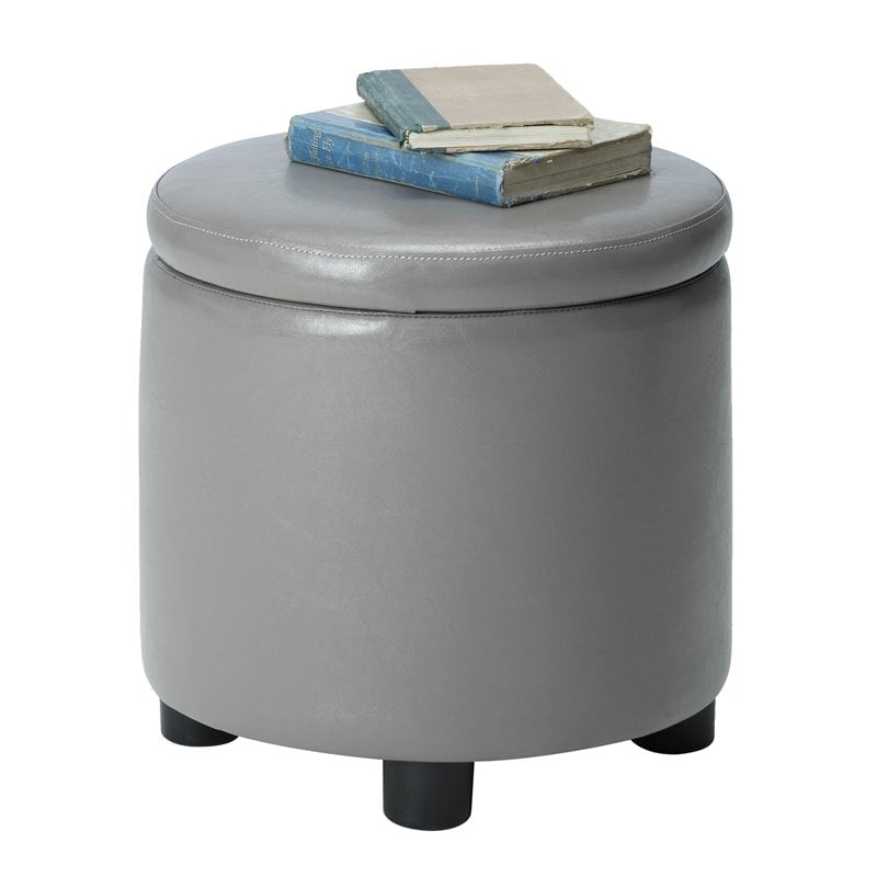 Pemberly Row Round Accent Storage Ottoman in Gray Faux Leather Fabric