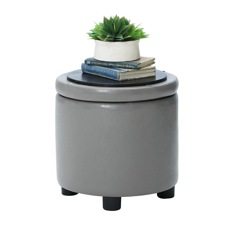 Pemberly Row Round Accent Storage Ottoman in Gray Faux Leather Fabric