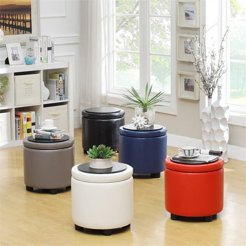 Pemberly Row Round Accent Storage Ottoman in Gray Faux Leather Fabric