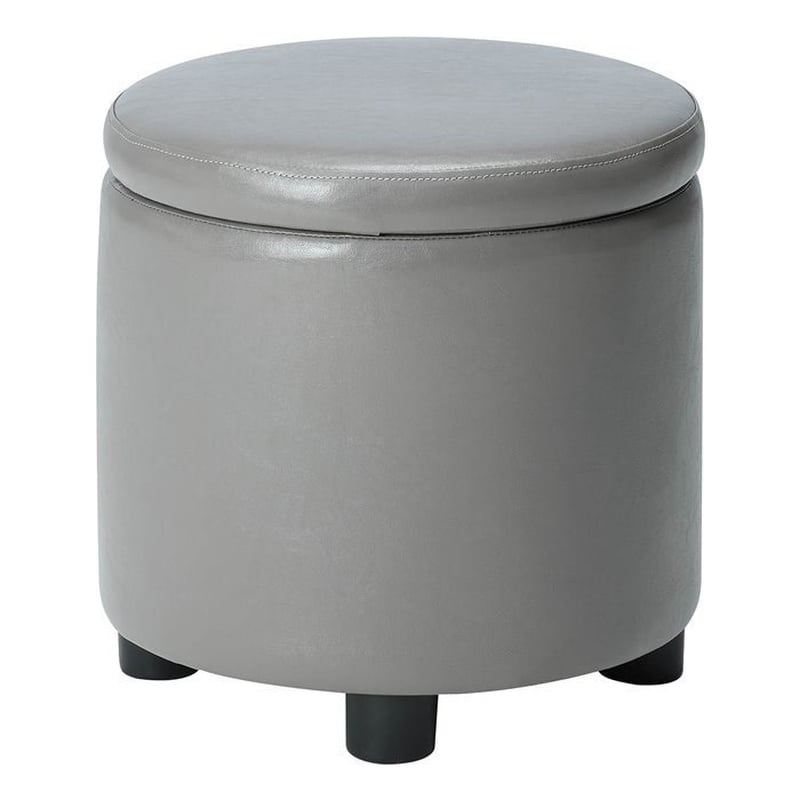 Pemberly Row Round Accent Storage Ottoman in Gray Faux Leather Fabric