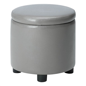 Pemberly Row Round Accent Storage Ottoman in Gray Faux Leather Fabric