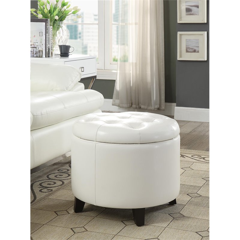 Pemberly Row Modern Round Ottoman in Ivory Faux Leather Fabric