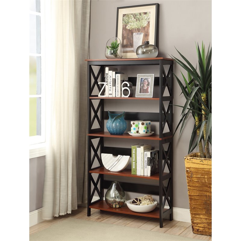 Pemberly Row Five-Tier Bookcase in Cherry and Black Wood Finish