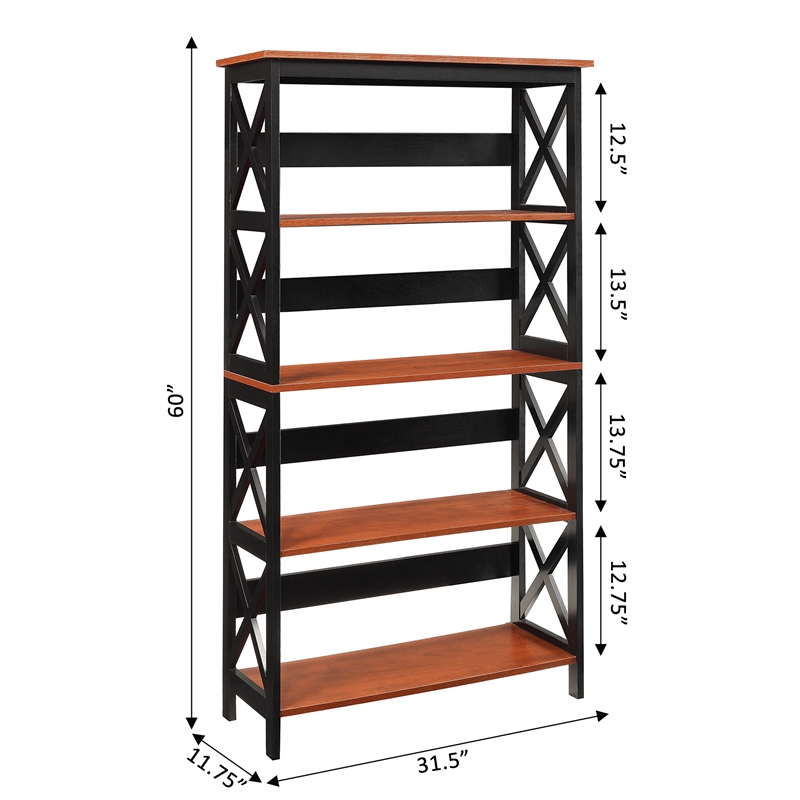 Pemberly Row Five-Tier Bookcase in Cherry and Black Wood Finish